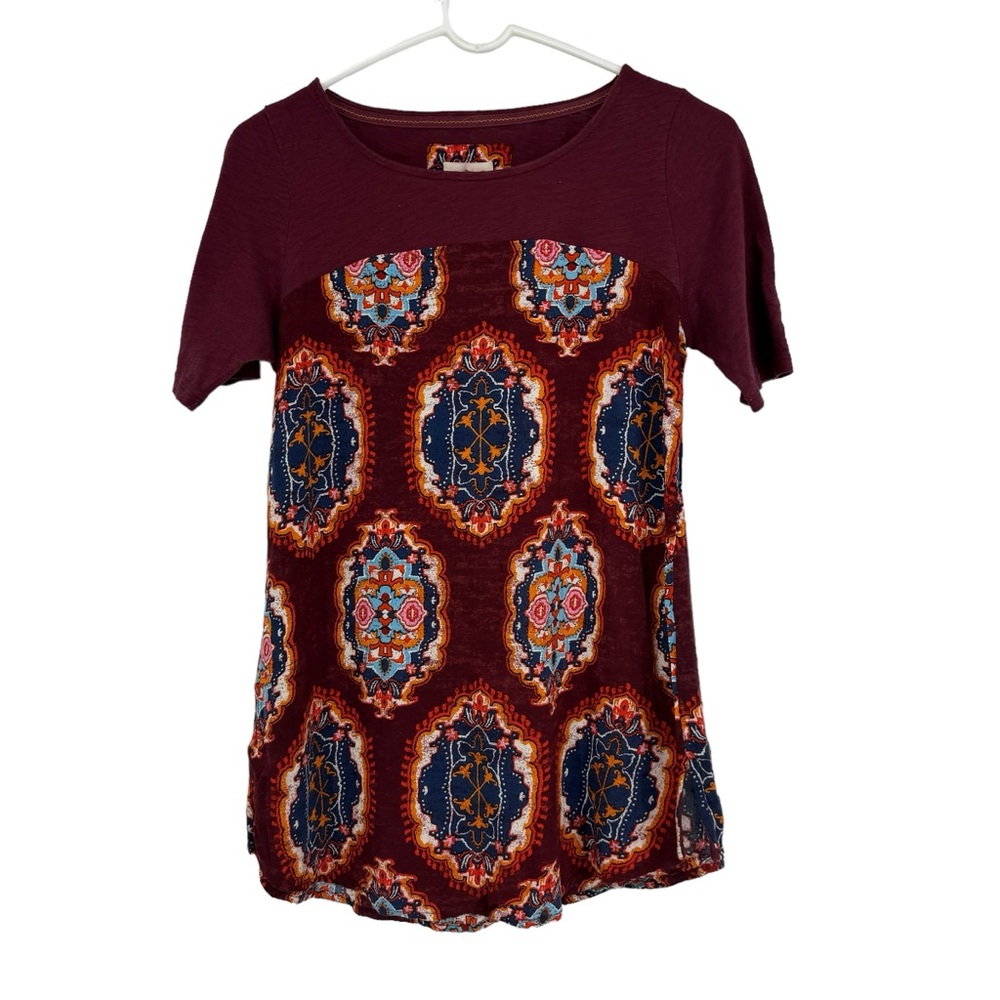 *Anthro Meadow Rue Size XS Printed Cotton/Rayon Short Sleeve T-Shirt Tab Sleeves